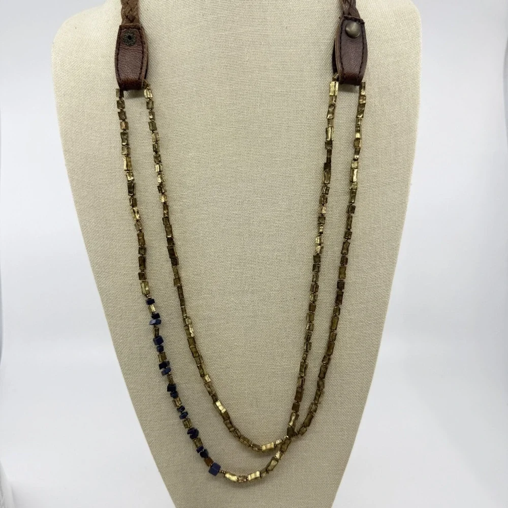 Bronze Tone Blue Chip Bead Double Strand Leather Cord Boho Statement Necklace